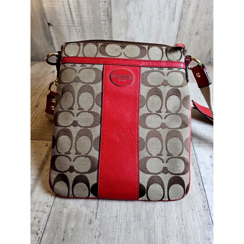 Coach Signature Swingpack Crossbody Bag Khaki Brown Coral Stripe Logo Purse